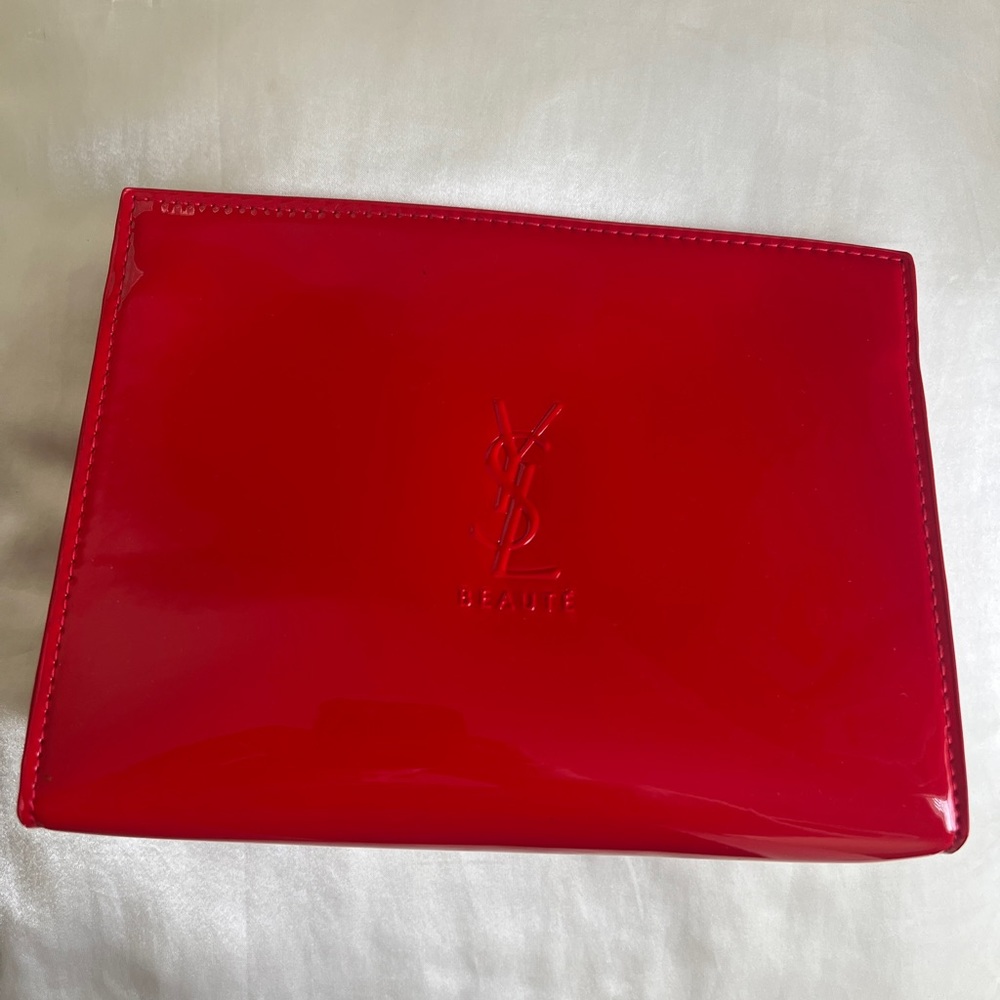 YSL Yves Saint Laurent Cosmetic Makeup Bag Red Leather
